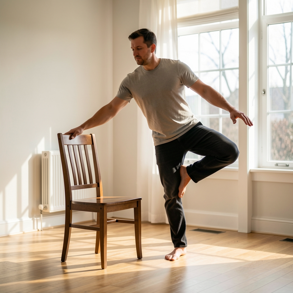 Man practicing supported balance beside a sturdy chair in a calm sunlit room