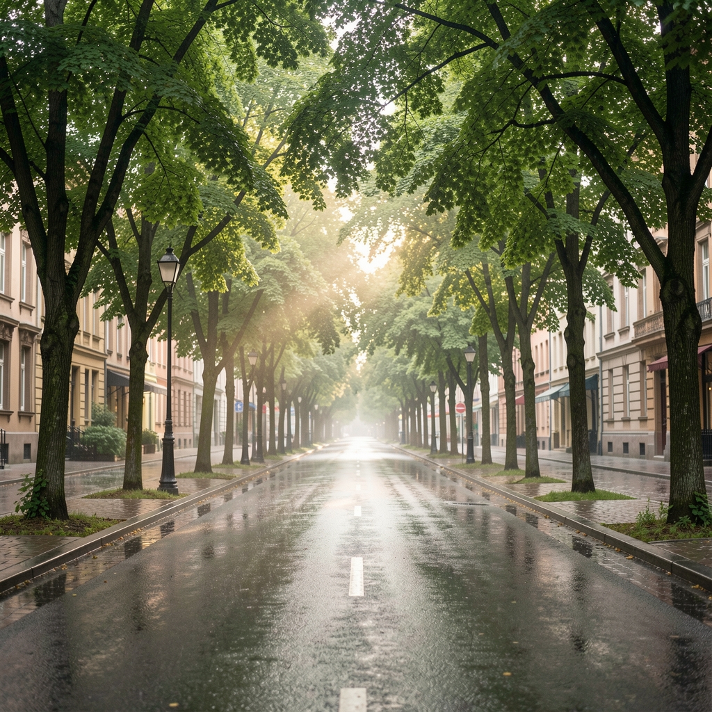 Quiet Bandung street lined with leafy trees and soft morning light after rain