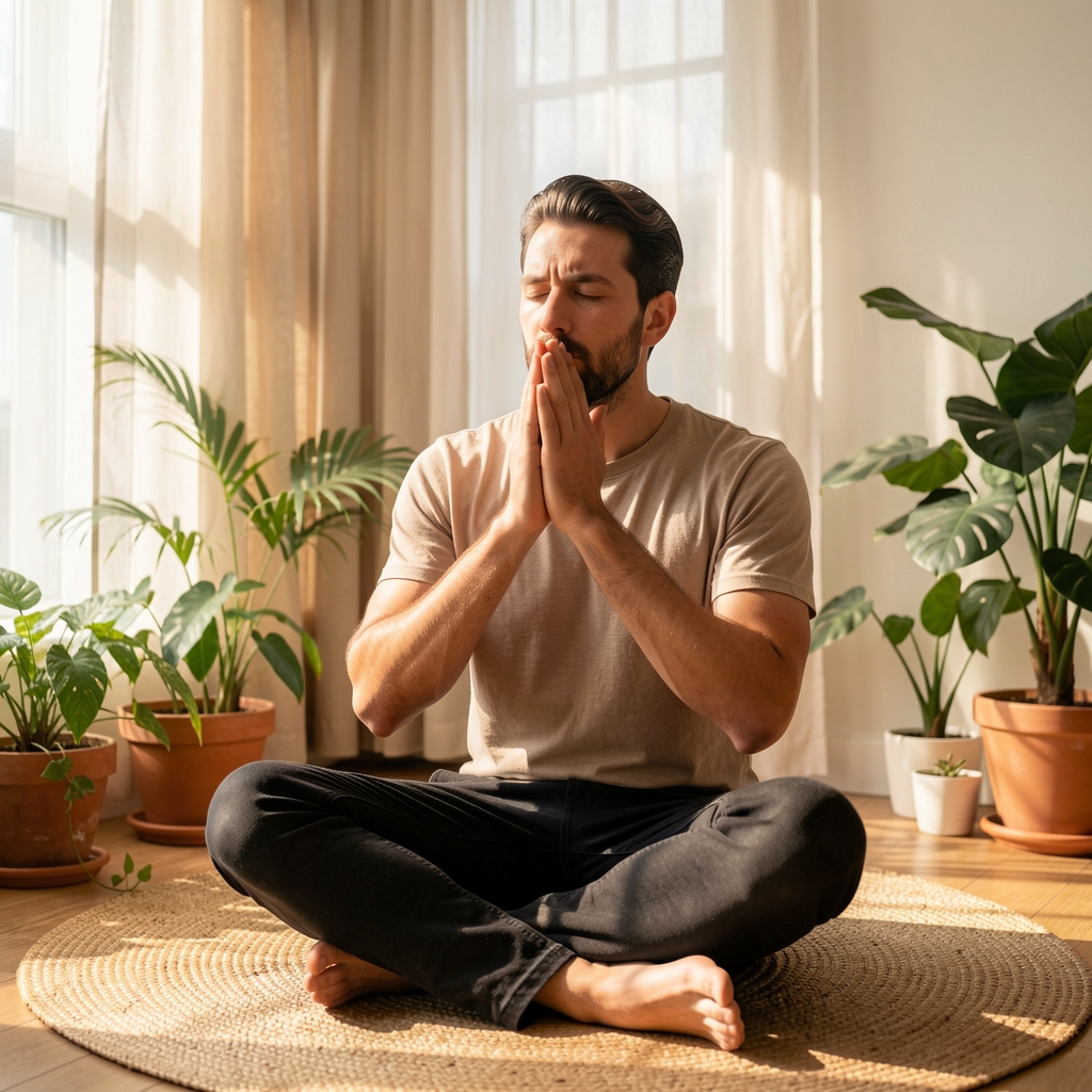 Man sitting comfortably on a woven mat practicing slow breathing in a sunlit room with plants and soft curtains