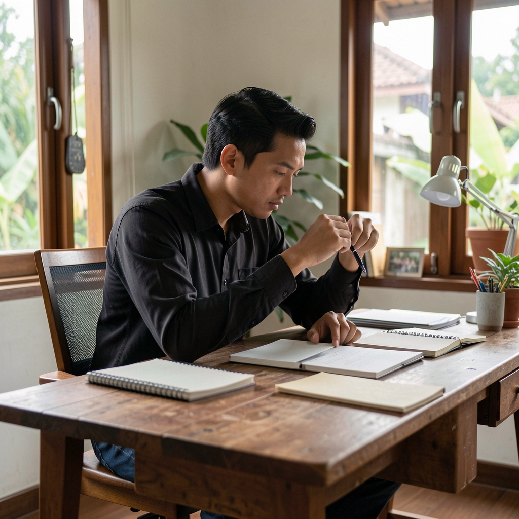 Man seated at a wooden work desk adjusting his posture in a quiet Bandung home office with notebooks and natural light