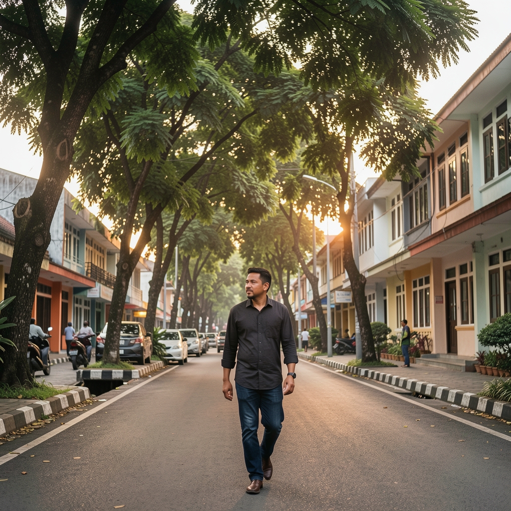 Adult man walking beneath leafy trees on a calm Bandung street in late afternoon beside low-rise buildings