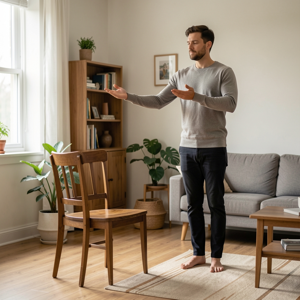 Man standing near a wooden chair practicing a calm balance exercise at home