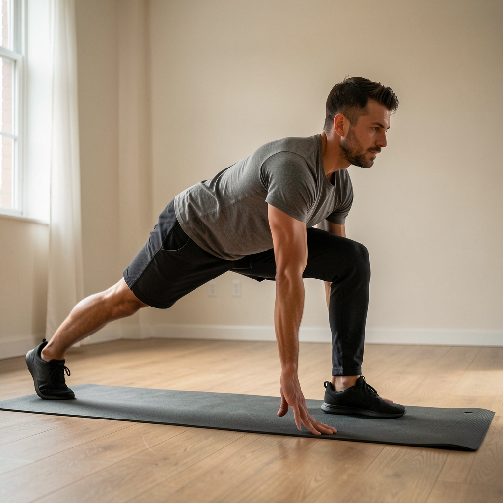 Man practicing controlled bodyweight movement in a modest indoor studio