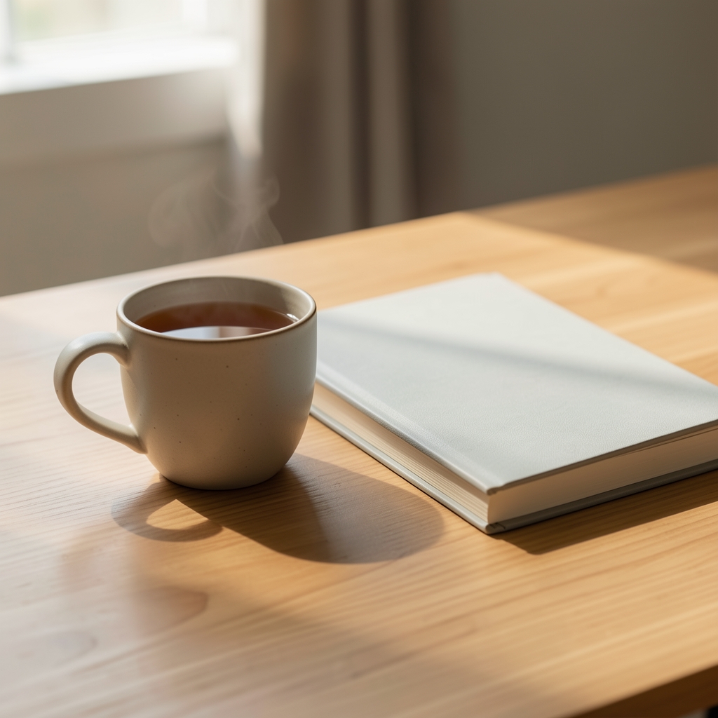 Ceramic cup of tea beside a closed notebook on a calm wooden table during an afternoon pause
