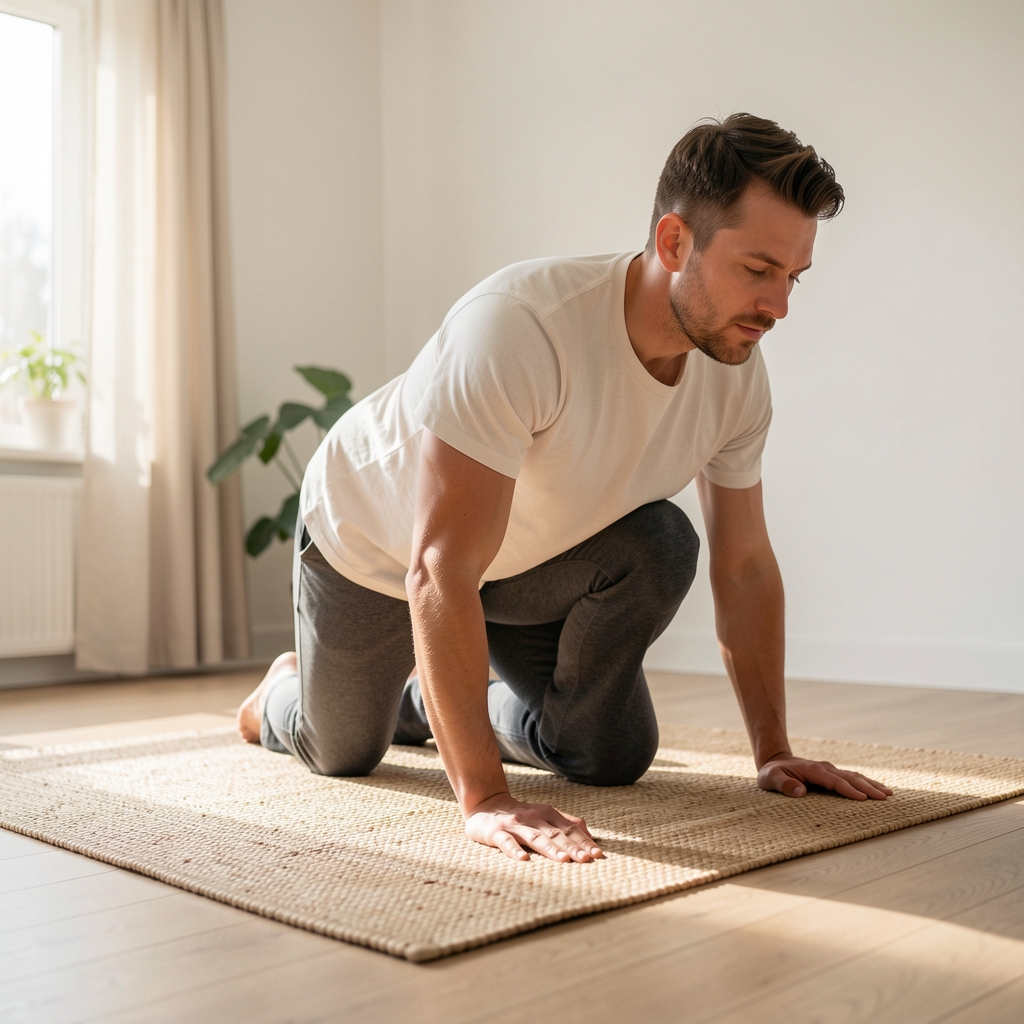 Man following a gentle floor-based movement sequence on a woven mat in a bright room