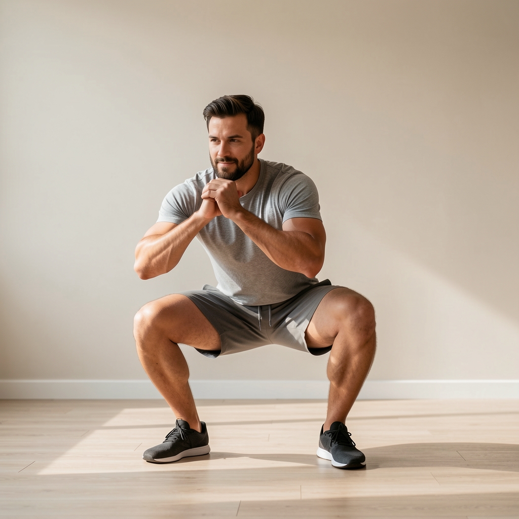 Man performing a controlled bodyweight squat in a bright home studio with neutral walls